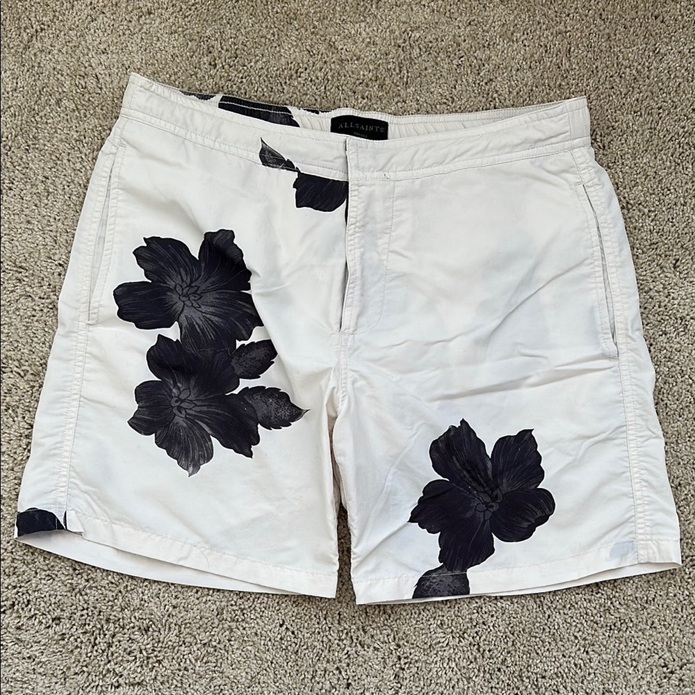 All Saints White Swim Trunks with Black Floral Design